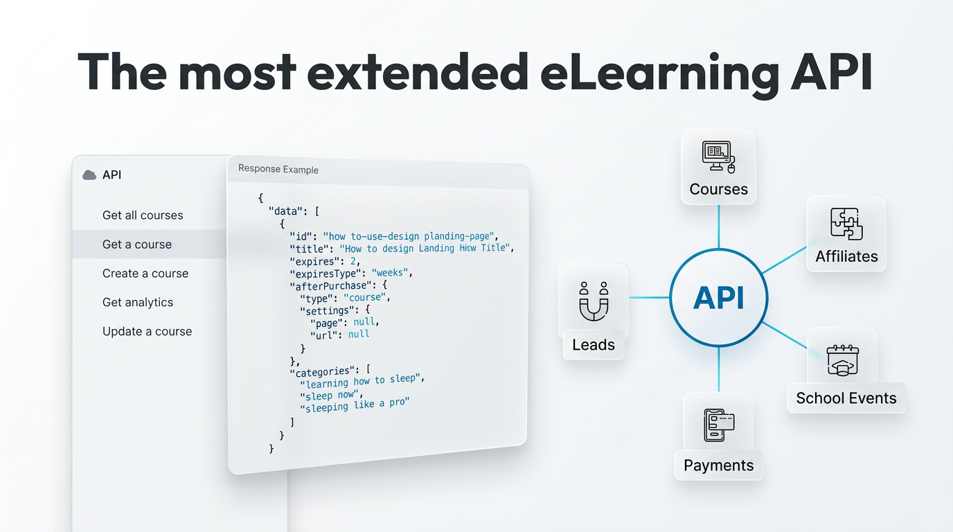 API architecture diagram showing ComplianceJunction eLearning API connecting to Courses, Affiliates, School Events, Payments, and Leads with a JSON response example